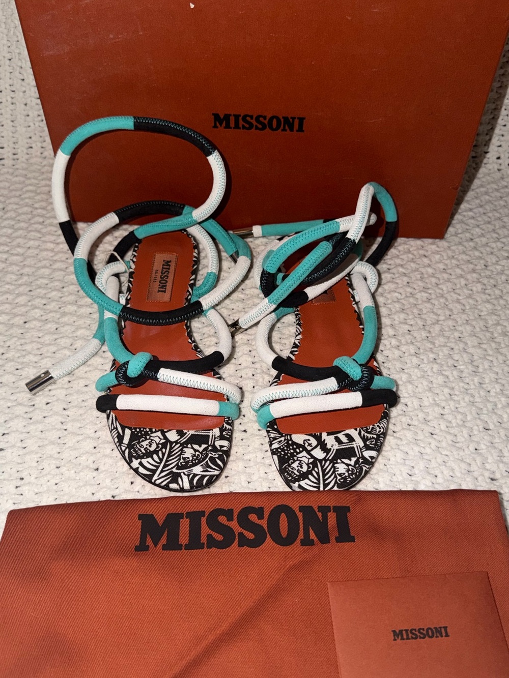 Missoni Turquoise, White & Black Rope Lace-Up Sandals